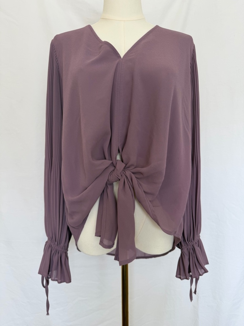 Tie-Front Pleated Sleeve Blouse - Dusty Mauve
